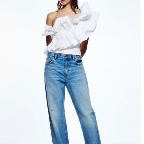 New ZARA Asymmetrical One Shoulder Poplin Voluminous Ruffle Top White - Picture 8 of 11